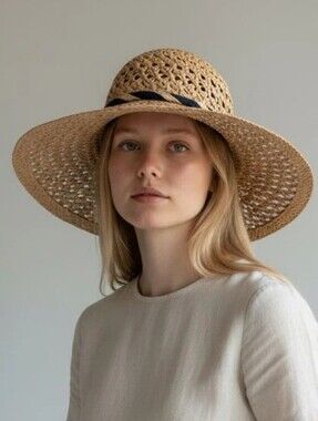 Natural Straw Wide-Brim Summer Hat with Black Twist Band
